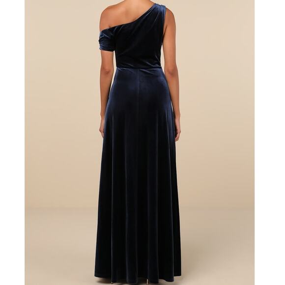 Lulus NWT Coveted Confidence Navy Blue Velvet Asymmetrical Maxi Dress Small - Picture 6 of 10